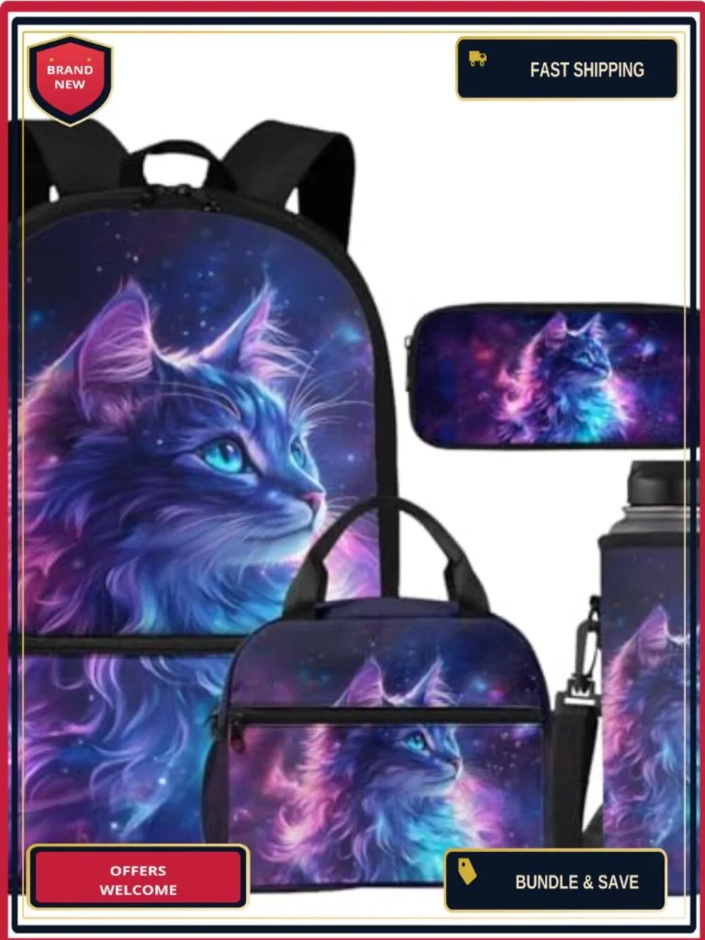 Galaxy Cat Backpack with Lunch Box Set for Girls Kids School Bookbag Pencil